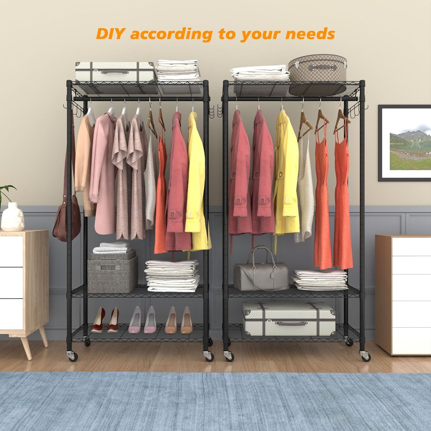 Rolling Portable Garment Rack,Freestanding Clothes Racks, Portable Closet Wardrobe with 3 Adjustable Wire shelves,2 Side Hooks, Black