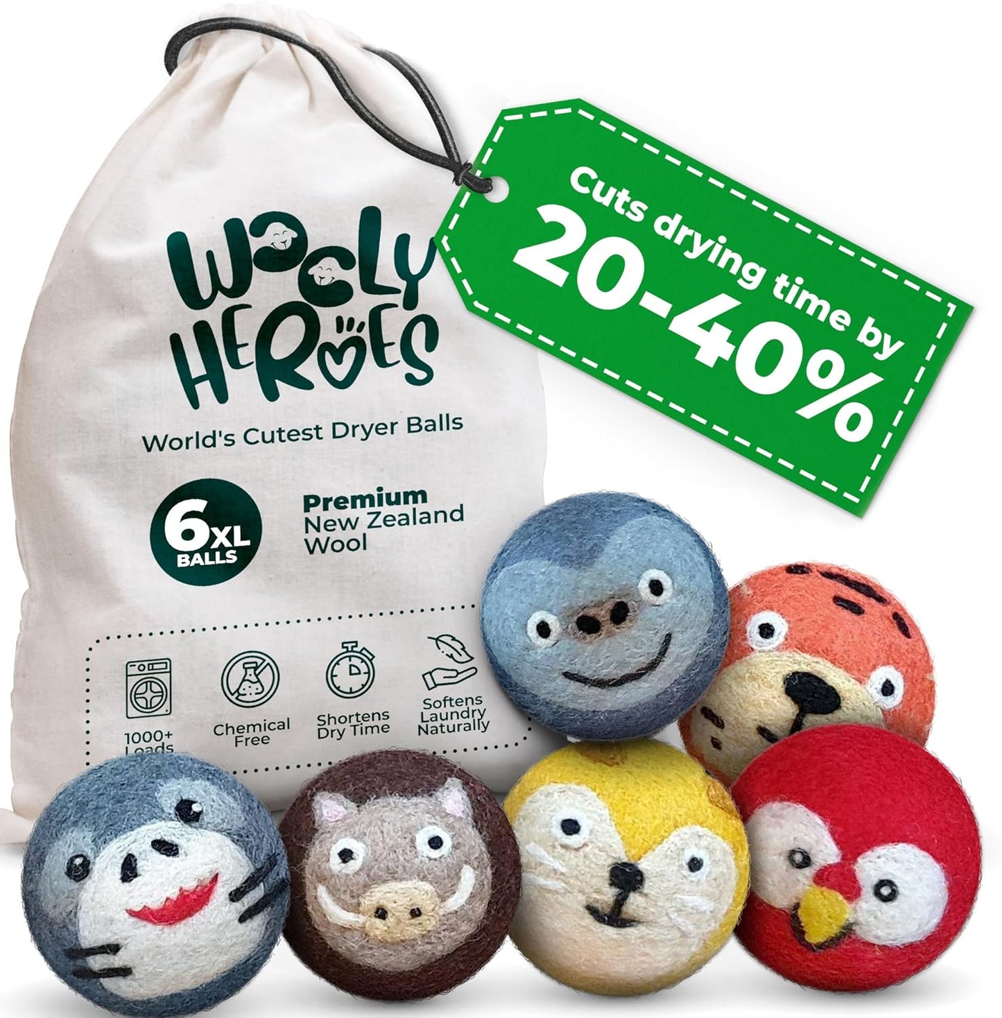 No More Dryer Sheets! Reusable Wool Dryer Balls XL 6-Pack - Reduces Static, Cuts Dry Time, & Softens Naturally