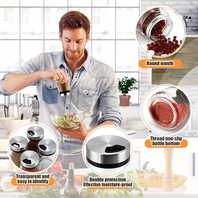 Zhehao 10 Pcs Salt Pepper Shakers Set with Adjustable Pour Holes Stainless Steel Spice Dispenser 6oz Clear Glass Seasoning Containers for Kitchen Restaurant Home BBQ Camping Farmhouse Accessories