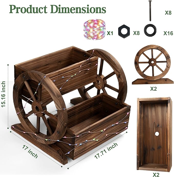 Wooden Wagon Planter Box with Solar Light, Garden Planter with Wheels,Decorative for Flowers Herbs Vegetables for Indoor & Outdoor Decor,Wooden Flower Cart for Patio Garden Balcony