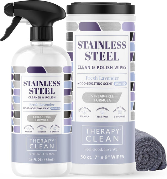 Therapy Stainless Steel Cleaner and and Polish Wipes Bundle with Microfiber Cloth - Remove Fingerprints from Appliances, Sinks, Fridge, Grill, Refrigerator, BBQ, Stove - Stainless Steel Spray and Wipe