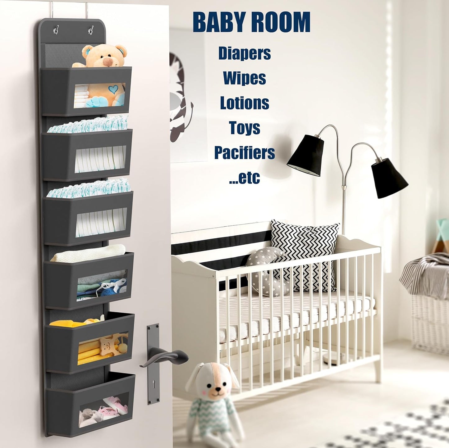 Simple Houseware 6 Clear Window Pocket Over Closet Door Storage Hanging Organizer for Bedroom, Bathroom, Pantry, Dark Gray