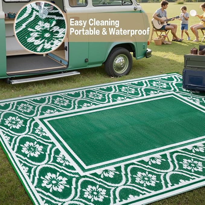 Outdoor Rug 8x10 Patio Waterproof Mat Camping Carpet Outside Area Rug Reversible Green Rugs for RV Deck Entryance Porch Picnic Balcony Beach