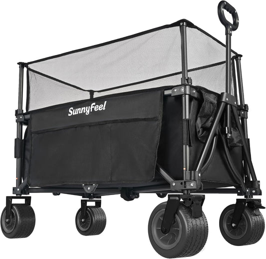 SUNNYFEEL Heavy Duty Collapsible Outdoor Utility Wagon Cart 500LB Capacity Adjustable Handlebar,Foldable Beach Wheels Stable Durable Oxford Fabric for Shopping Garden Camping (Black, Tall Version)
