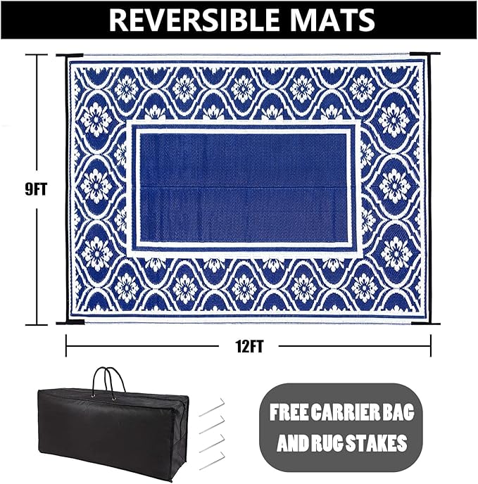 RV Outdoor Rug Waterproof Mat 9'x12' Camping Carpet Outside Area Rugs Reversible Light Blue Rugs for Deck Entryance Porch Picnic Balcony Beach