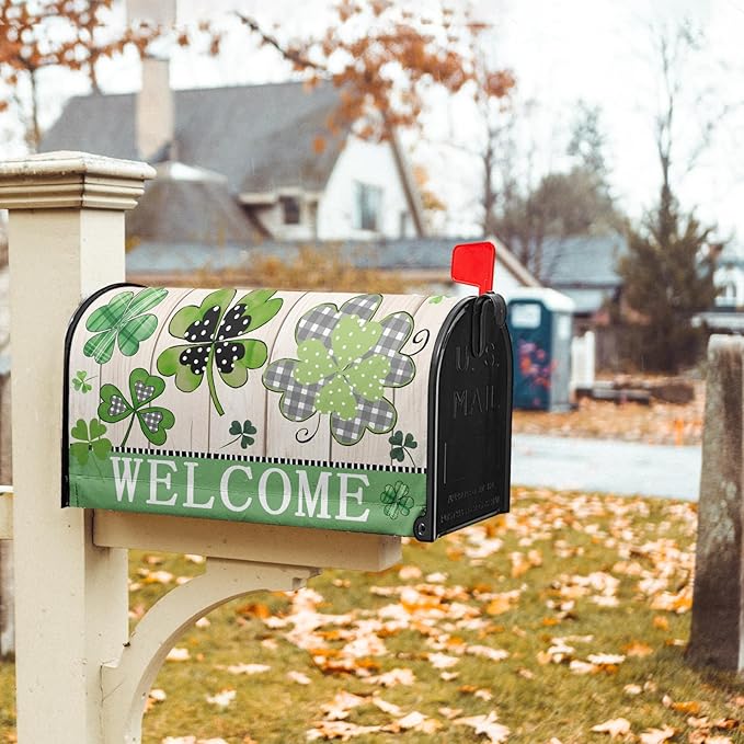 Welcome St Patrick's Day Holiday Magnetic Mailbox Covers Standard Size 21x18in Lucky Shamrocks Clover Mail Box Wraps Green Leaves Wooden Decorative Letter Post Box Cover for Home Garden Outside