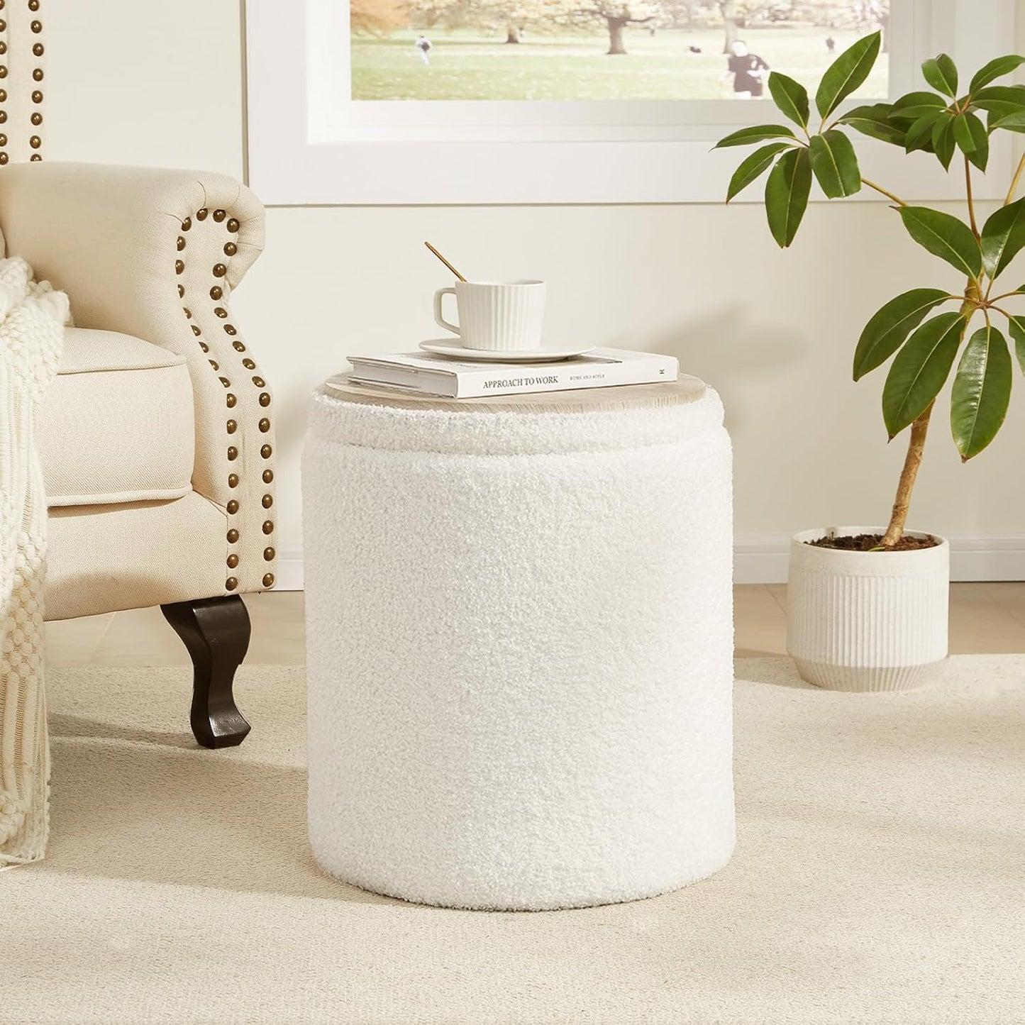 Boucle Round Ottoman with Storage Set of 2,Small Foot Stool Ottoman for Living Room, Small Coffee Table,Vanity Stool with Storage for Bedroom, White