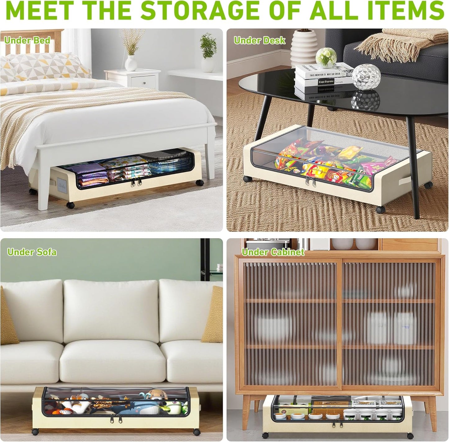 Under Bed Storage with Wheels, Under the Bed Storage Containers with Clear Lids & Label, Underbed Storage Bins, XXL 60L Rolling Metal Drawer for Clothes, Shoes, Toys, Books (4-Pack Beige)