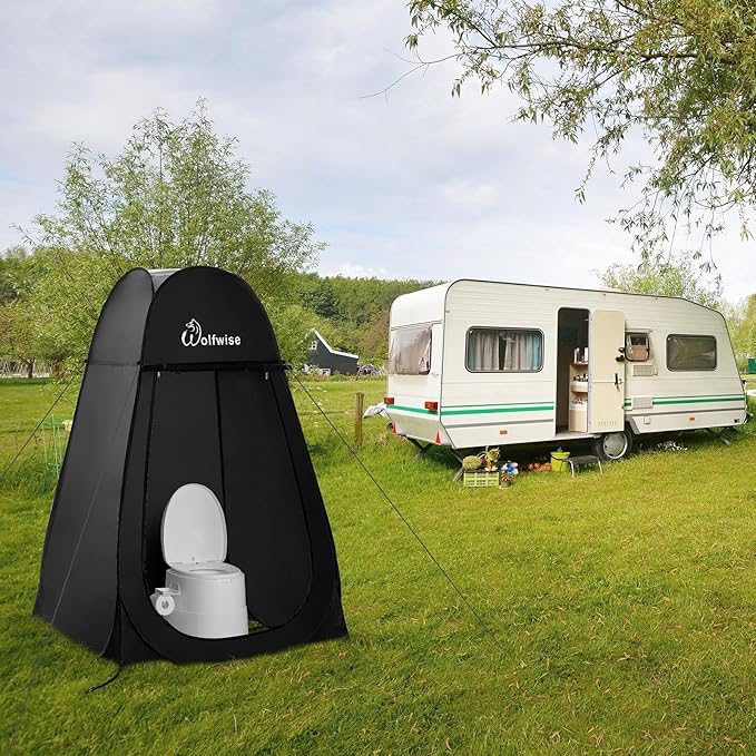 WolfWise Portable Pop Up Privacy Shower Tent, Spacious Changing Room, Dressing Room, Sun Sunshade Canopy Outdoor Rain Shelter, Backpack Privacy Shelters for Camping, Hiking, Beach, Toilet, Black