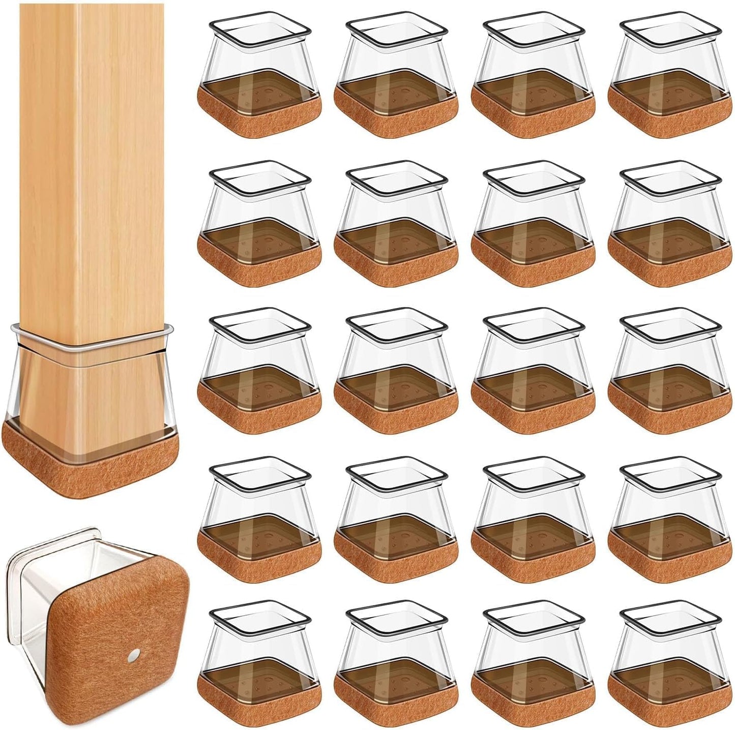 20 Pcs Chair Leg Floor Protectors for Hardwood Floors, Clear Rubber Furniture Sliders with Felt, Silicone Furniture Leg Caps Covers (Fit Square Diameter:1.5" to 1.75")
