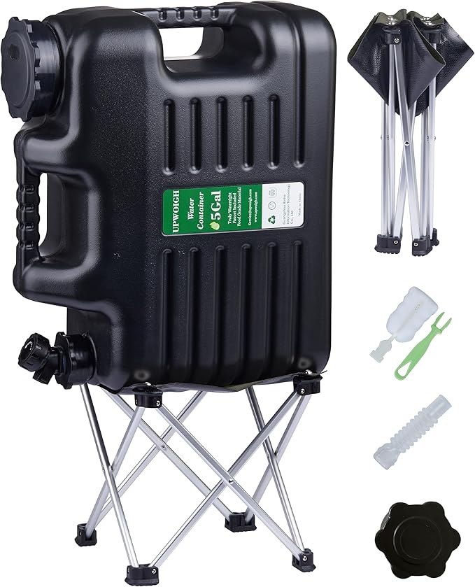 UPWOIGH 5 Gallon Water Jug with Spigot and Folding Stool – Leak-Proof, BPA-Free Portable Black Water Container with Stand, Large Outdoor Storage Tank for Camping, Hiking, RV, Travel, and Emergency Use