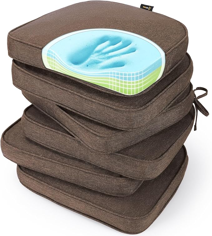 SUNROX Gel Memory Foam Chair Cushions, FadeShield Water-, Stain-Resistant Durable Reversible Seat Cushion Pads with Ties for Indoor/Outdoor Kitchen Dining Office 17"x16" Set of 6, Heather Chestnut