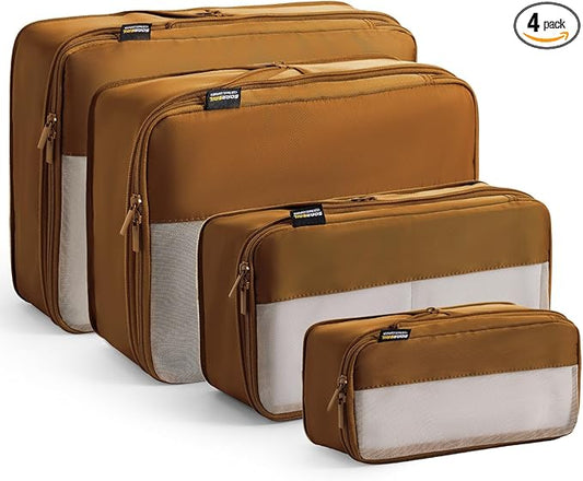 4 Set Compression Packing Cubes for Travel, Suitcases and Backpack Space Saving Organizers (Dark Brown)