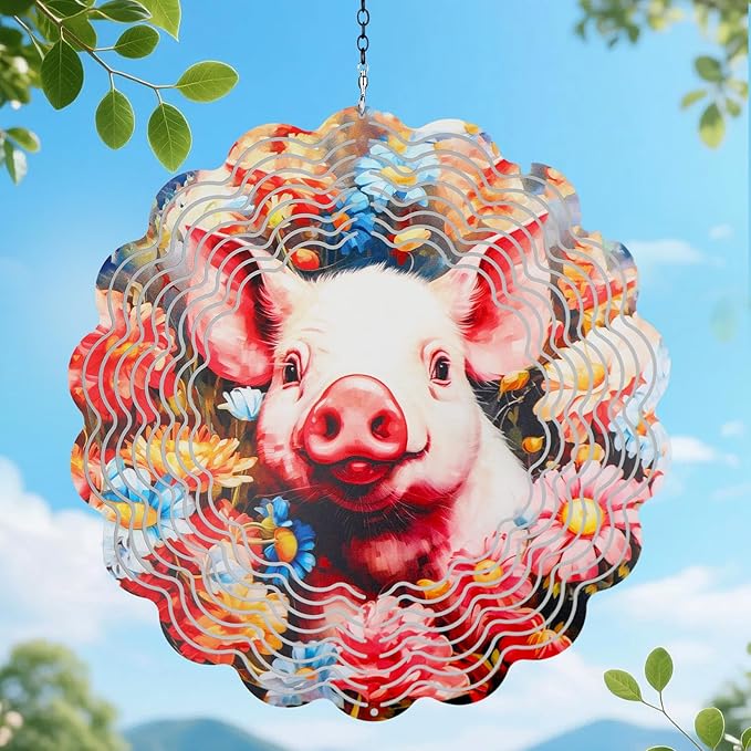 Pig Metal Wind Spinners Outdoor,Hanging Wind Spinner Garden Decor Birthday Gifts for Women Men,12 inch 3D Kinetic Sculpture for Backyard,Porch,Yard,Patio,Outside Decorations