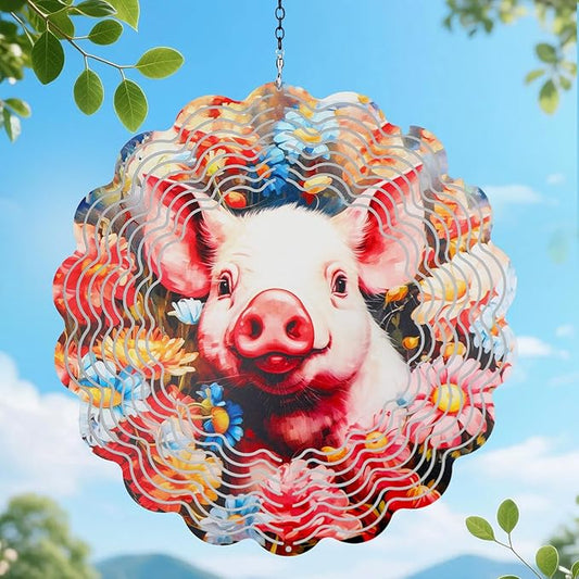 Pig Metal Wind Spinners Outdoor,Hanging Wind Spinner Garden Decor Birthday Gifts for Women Men,12 inch 3D Kinetic Sculpture for Backyard,Porch,Yard,Patio,Outside Decorations