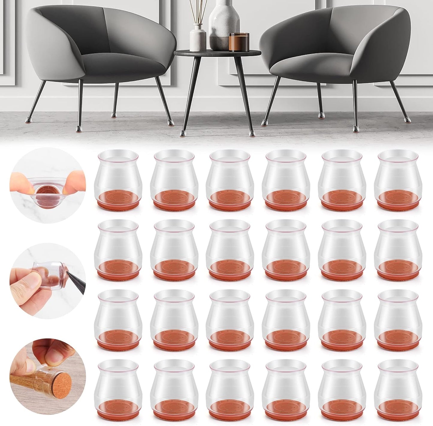 24PCS Upgraded Silicone Chair Leg Floor Protectors for Hardwood Floors, Furniture Sliders for Chair Legs, Felt Bottom Furniture Pads, Anti-Slip Round&Square Cap Covers to Scratch and Reduce Noise