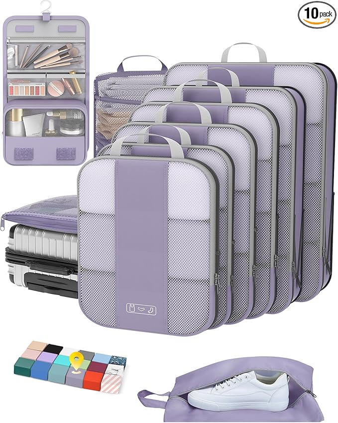 10 Set Compression Packing Cubes for Travel Essentials,Compressible Expandable Packing Cubes for Suitcase,OlarHike Luggage Organizer Bags for Travel,Handy Helper for Organizing Clothes(Purple Gray)