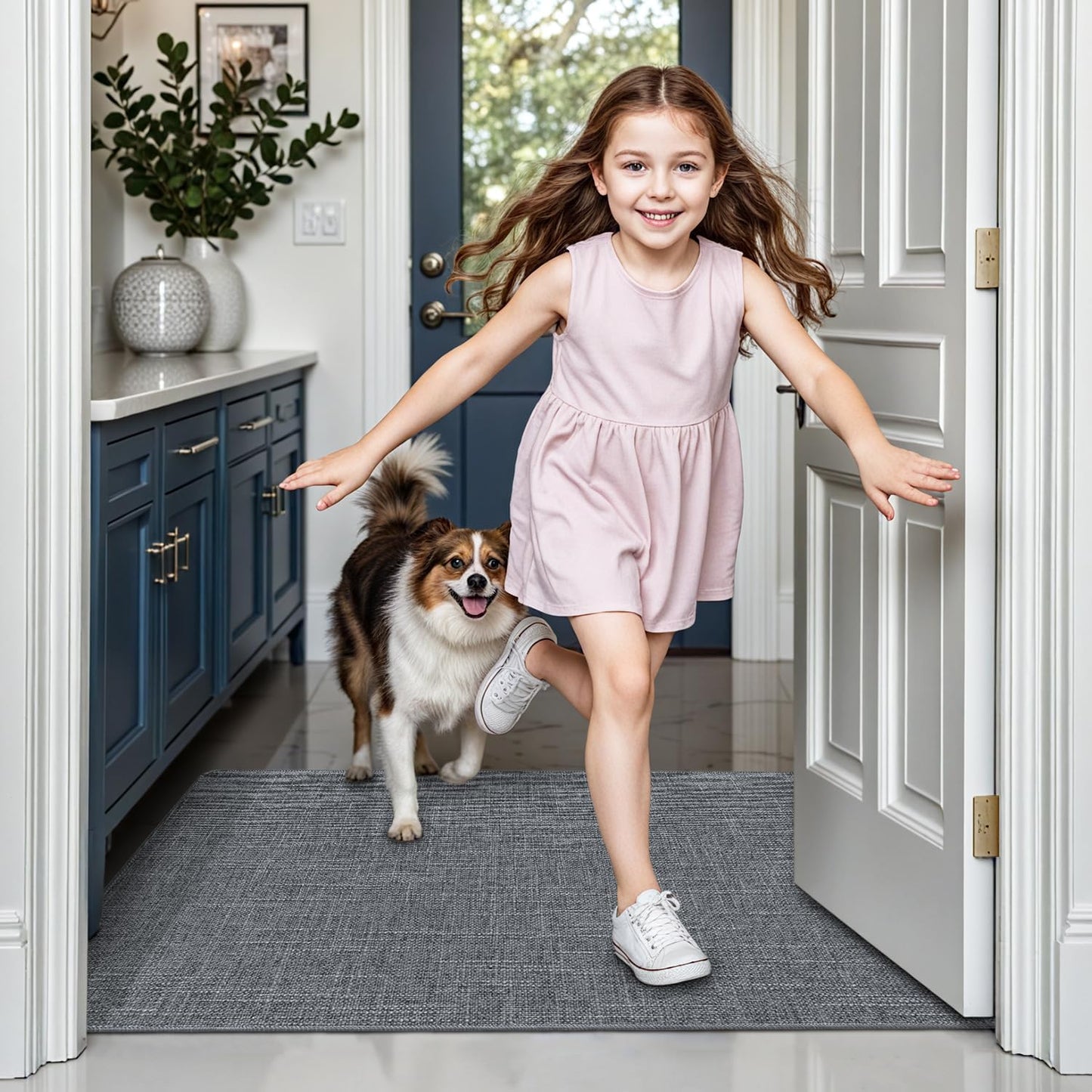 LUMI Ultra Thin Door Mat for Entryway, Low Profile Non Slip Rubber Backing Indoor Doormat, Easy Clean Welcome Entrance Mat for Inside House, Patio, Dark Grey 20"x32"