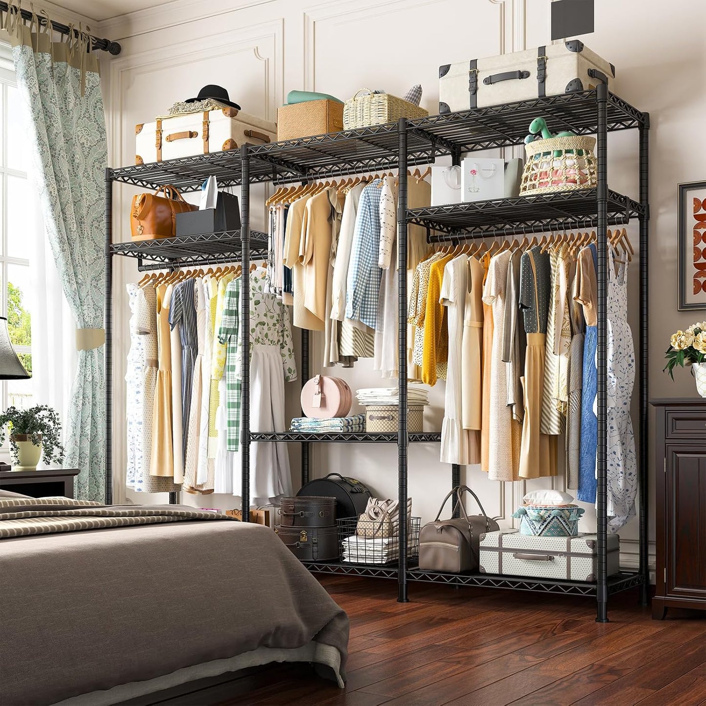 Raybee Clothes Rack Heavy Duty Load 795LBS Portable Clothing Racks for Hanging Clothes Adjustable Garment Rack, 56" W X16 D X 75.5" H Black