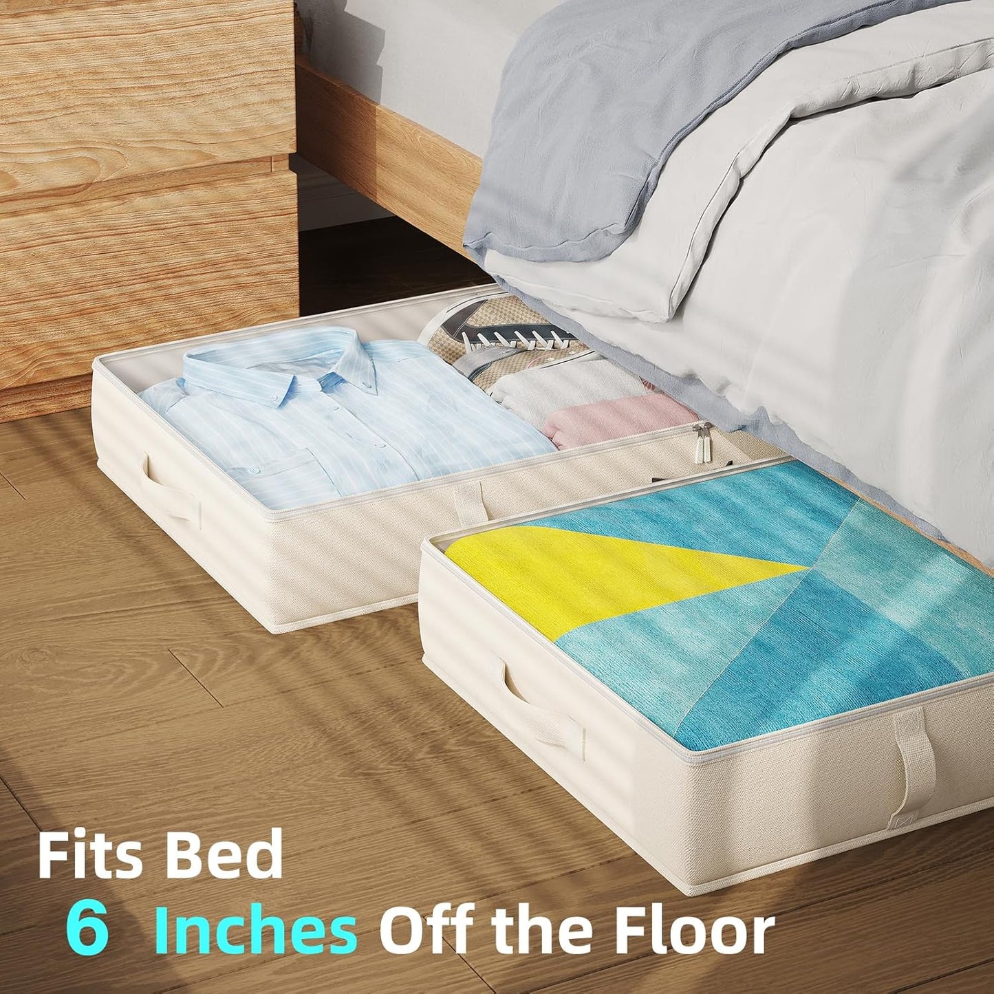 2-Pack Under Bed Storage, 6 Inches Tall Closet Organizers and Storage Bins with Sturdy Sidewalls/Bottom/4 Handles, Beige