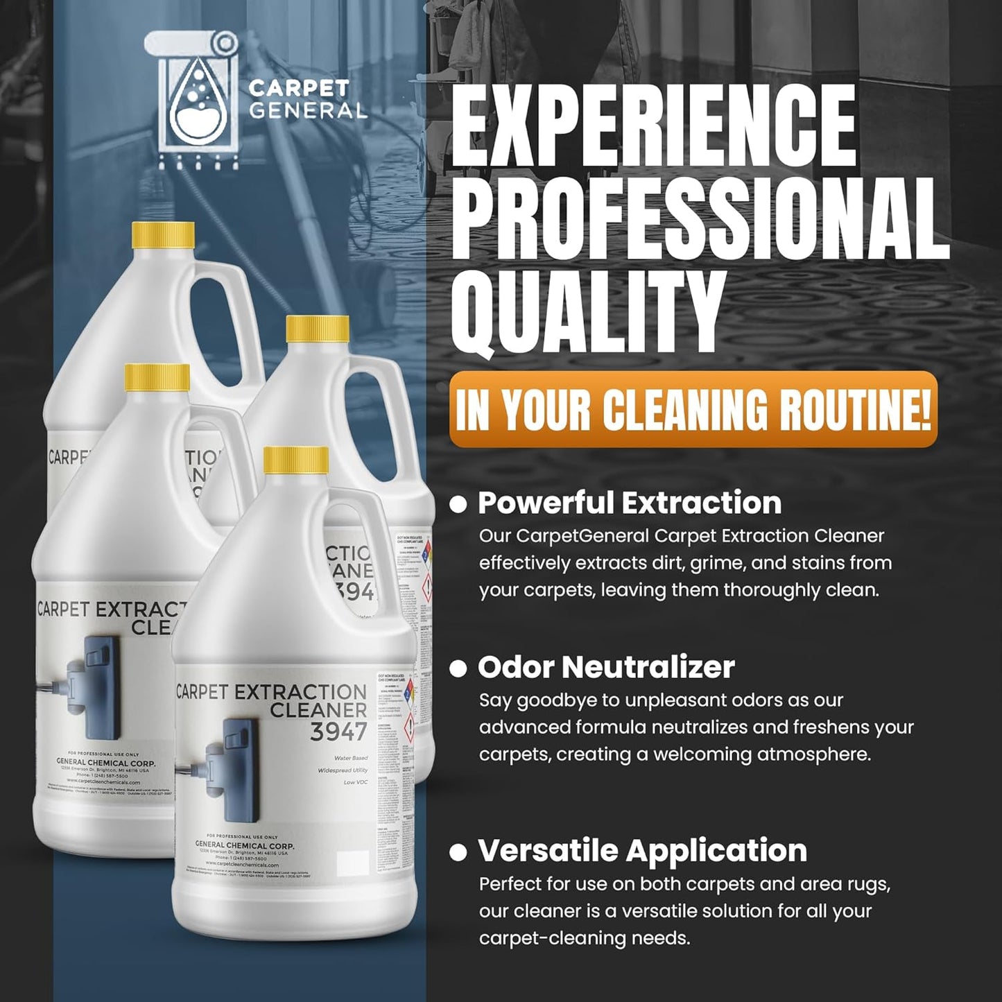 Carpet Extraction Cleaner - Water-Based Professional Deep Clean Carpet Cleaner Solution for Machine - Heavy Duty Stain Remover, Pet-Friendly, Ideal for Residential & Commercial Use