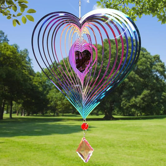 16.5in Heart Wind Spinners Outdoor, Colorful 3D Metal Wind Spinners for Yard and Garden with Crystal Pendant Stainless Steel Wind Chimes for Outside Yard and Garden Decor Gifts for Mom Grandmother