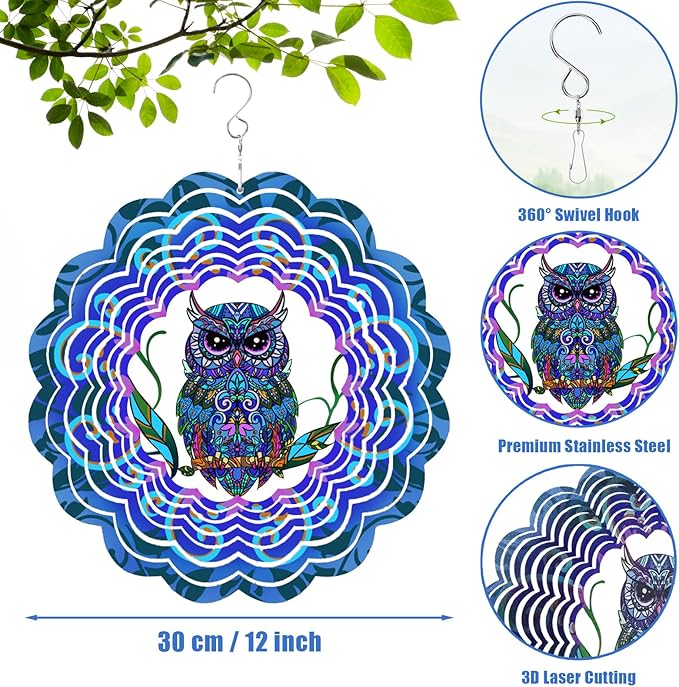 Owl Metal Wind Spinners - Owl Gifts for Women Mom Grandma Wife, Hanging Wind Spinner for Outdoor & Indoor Decorations, 12 inch Wind Spinner for Christmas Ornament Gifts