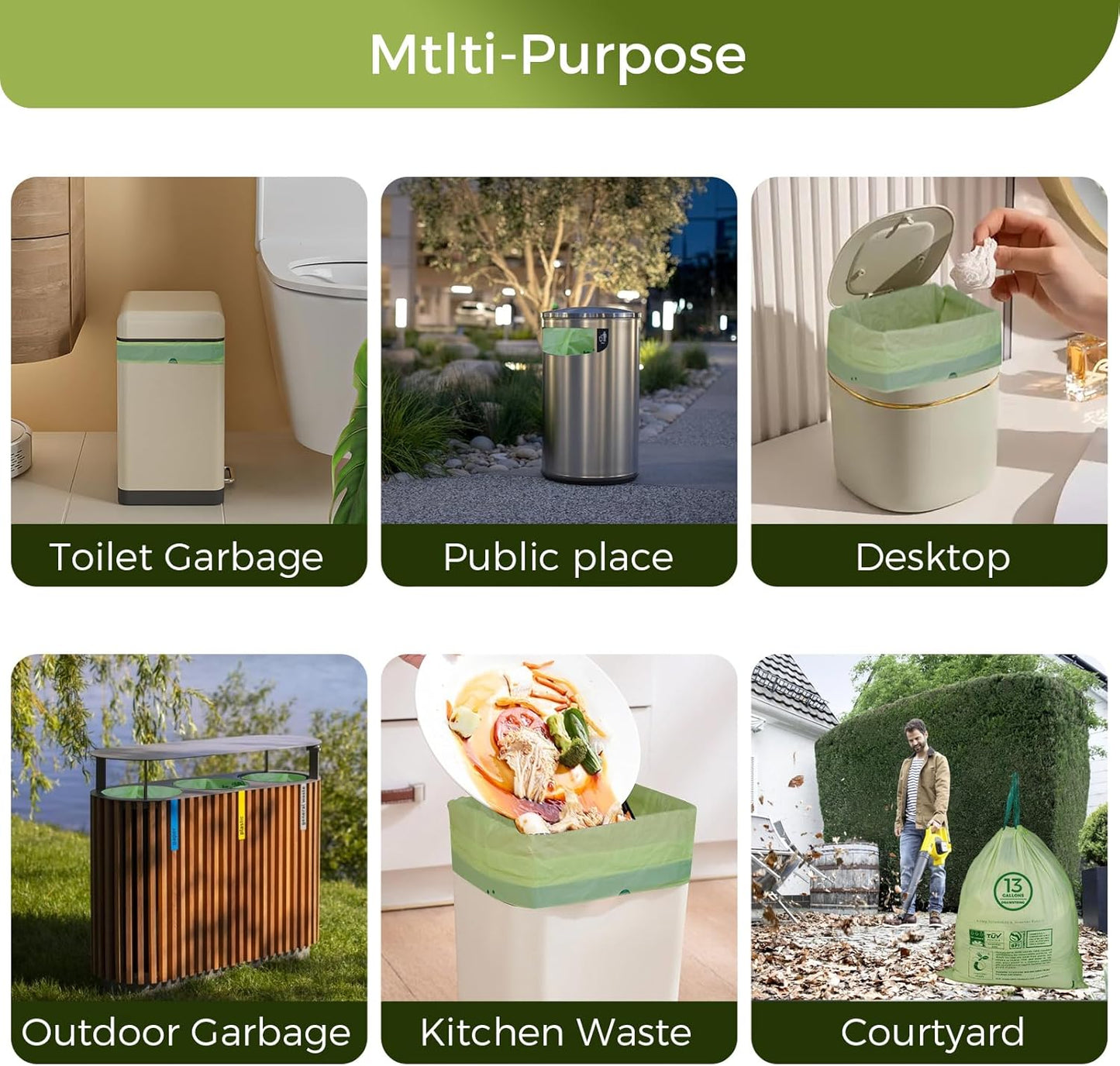 13 Gallon Compostable Trash Bags with Drawstring, Heavy Duty Extra Thick 1 Mil, 49.21 Liter, 30 Bags, Tall Kitchen Food Scrap Waste Bag, ASTM D6400, US BPI and OK Compost Home Certified