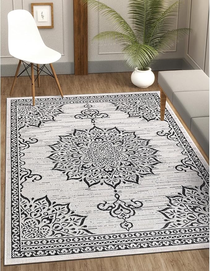 CAMILSON Outdoor Rug, 8x10 Medallion White Black Modern Area Rugs for Indoor and Outdoor Patios, Kitchen and Hallway Mats, Washable Porch Deck Outside Carpet (Medallion White, 8 x 10)