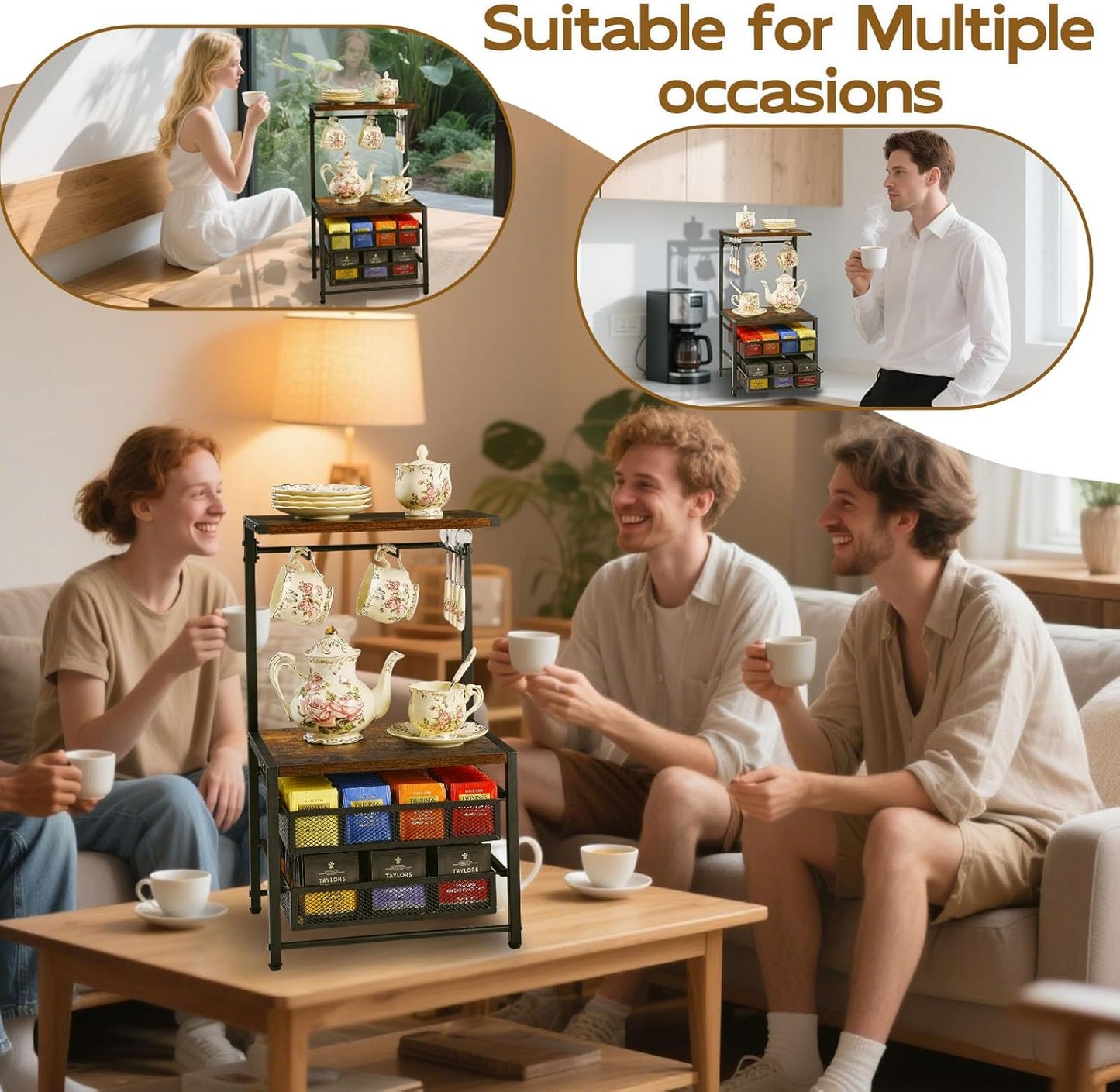 Pinzoveco Tea Bag Organizer, Large Tea Organizers and Storage Box,2 Drawers Tea Bags Holder Wood Tea Box Containers Tea Station Chest Display for Kitchen Organizers and Storage, Black