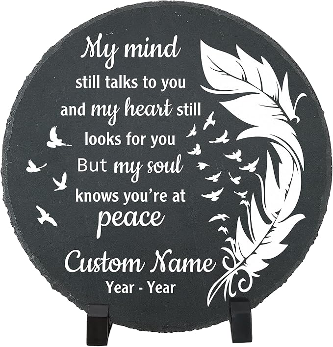 Slate Memorial Garden Stone Personalized, Stepping Stones Memorial Gifts for Loss of Loved One, in Loving Memory, Sympathy Stone, Memorial Plaque, My Mind Still Talks to You TNP42 (2, Round)