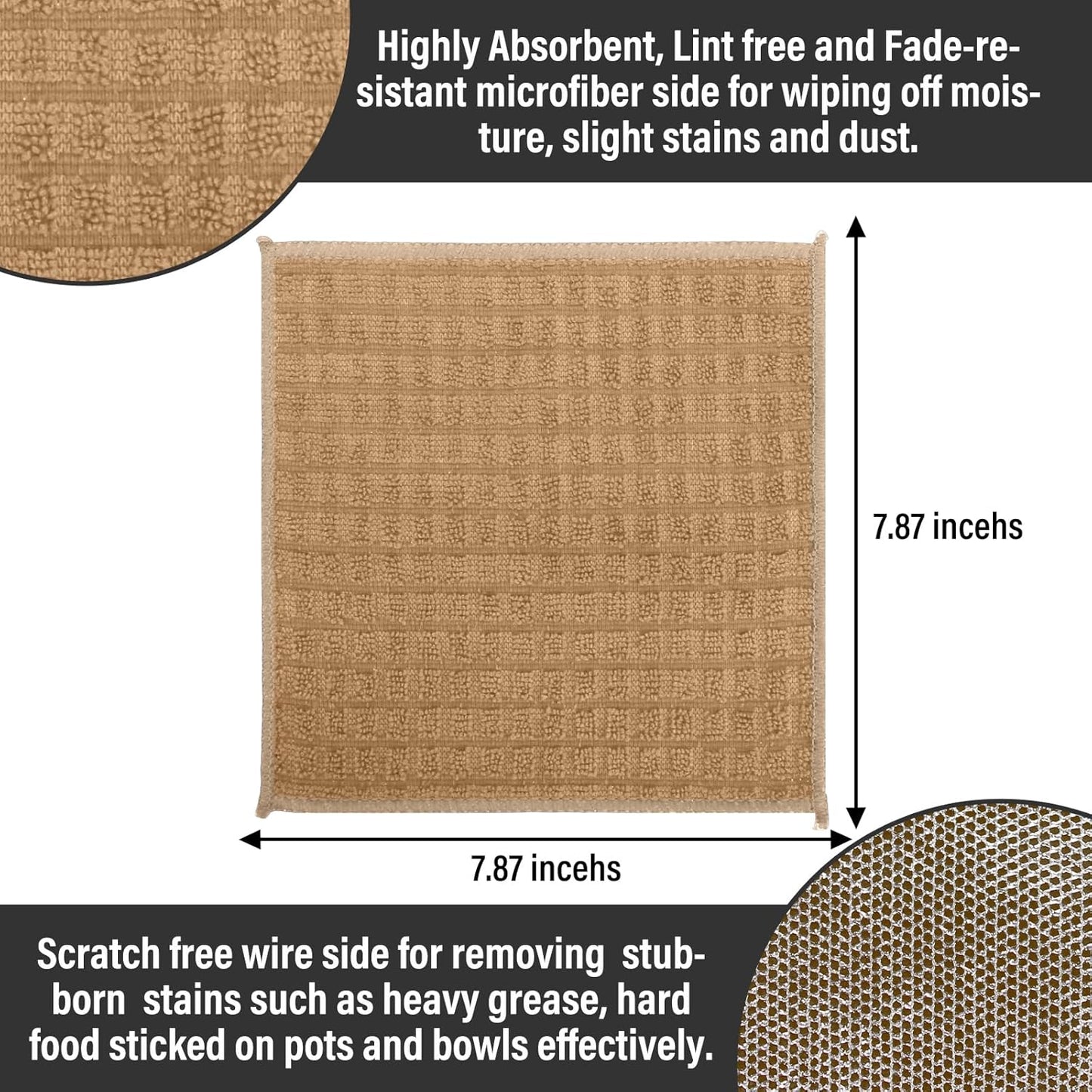 Dish Rags for Washing Dishes 8 Pack Multipurpose Wire Miracle Cleaning Coths Non-Scratch Wire Dishwashing Rag Lint Free Microfiber Cleaning Cloth for Kitchen Windows (Khaki)