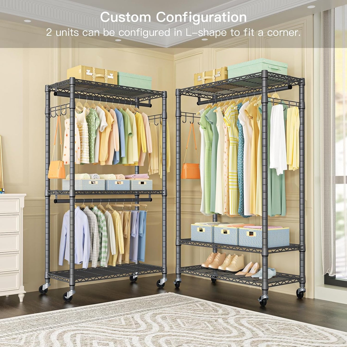 FUTASSI P1 Heavy Duty Garment Rack, 3 Tiers Adjustable Rolling Metal Closet Organizer with Lockable Wheels, FreeStanding Wardrobe with Double Hanger Rods & 1 Pair Hooks, Max Load 450 LBS, Gray