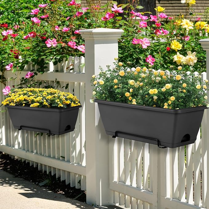 HAITRAL Hanging Planters for Outdoor Plants,Deck Railing Planter Boxes Countryside Style Window Boxes Planters, Balcony Flower Pots Plastic Railing Planter with Metal Brackets for Fence,Black 6 Pcs