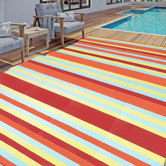 Outdoor Waterproof Rug 6'x9' Plastic Straw Rugs Washable Reversible Floor Mat Rainbow Stripe Carpet for Camping RV Deck Entryance Porch Picnic Balcony Beach Backyard