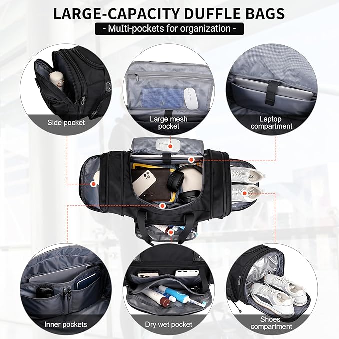 WITZMAN Duffle Bag for Men Nylon Large Gym Weekender Bag with Shoe Compartment Expandable Carry on Overnight Bag(B695 Black)