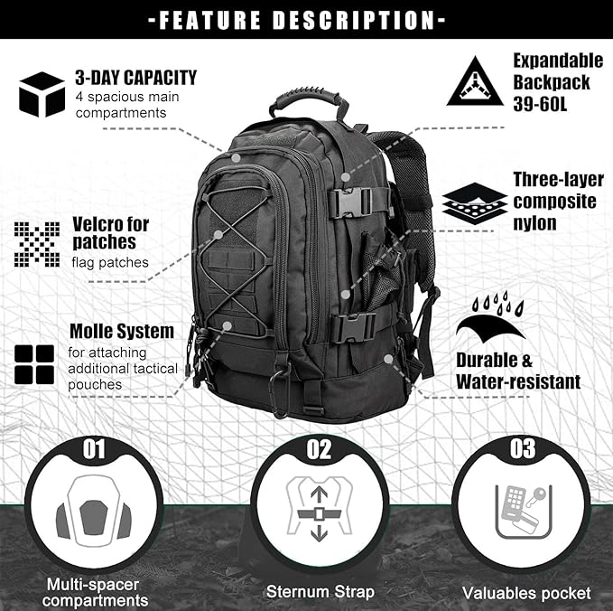 Tactical Backpack Military Army Daypack - Assault Pack for Men Molle Backpacks Bug Out Bag 3 Day Pack for Hiking Camping Travel Hunting Rucksack Trekking Black