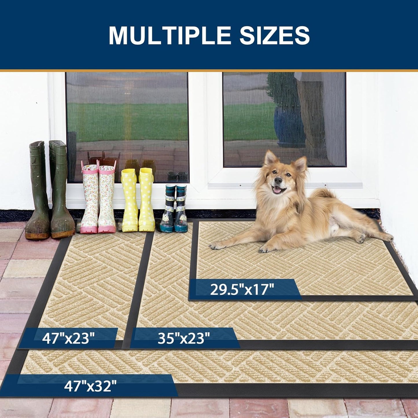 Smiry Front Door Mat Outside Entrance, Heavy Duty Outdoor Indoor Natural Rubber Doormat, Non Slip, Trap Dirt and Moisture, Easy Clean, Low Profile Patio Porch Entryway Mat, 47x23, Beige