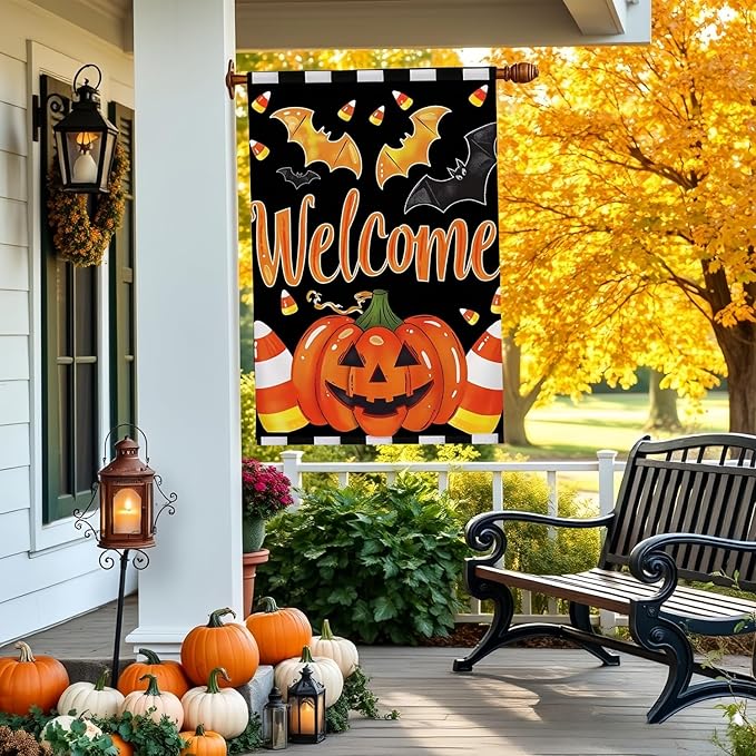 Welcome Halloween Garden Flag 12X18 Inch Double Side,Pumpkin Jack O Lantern Yard flag,Bat Outside Small Garden Flag Decorative,Outdoor Flag for Holiday Patio Courtyard Lawn