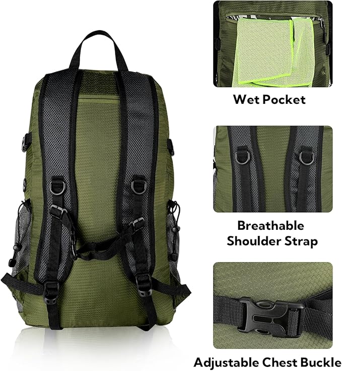 WATERFLY Lightweight Packable Hiking Backpack: 30L Foldable Travel Daypack Ultralight Camping Day Pack for Woman Man