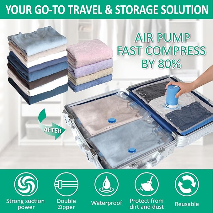 Cozy Essential Travel Vacuum Bags with Electric Pump, 6 Pack Vacuum Travel Bags for Luggage and Suitcase, Vacuum Seal Space Saver Compression for Clothes Clothing