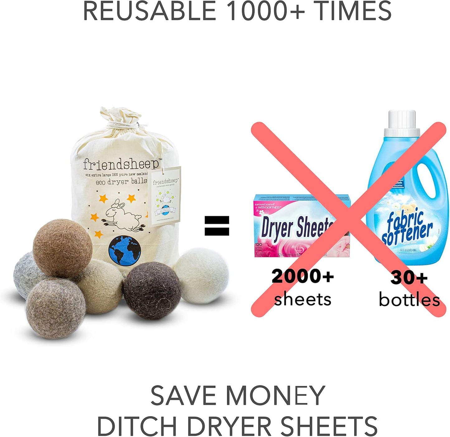 Friendsheep Wool Dryer Balls 6 Pack XL Organic Premium Reusable Cruelty Free Handmade Fair Trade No Lint Fabric Softener Color Brown Beige - Natural Mystic