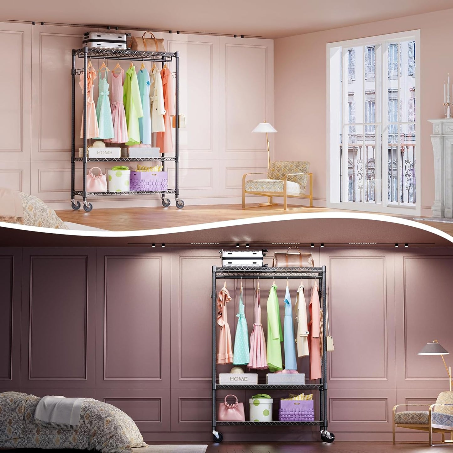 IZEUK 3 Tier Heavy Duty Rolling Garment Rack Wire Clothes Rack for Hanging Clothes, Metal Freestanding Closet Wardrobe Rack with 1 Rods and Wheels Black 15.7" D x 45.3" W x 75.6" H