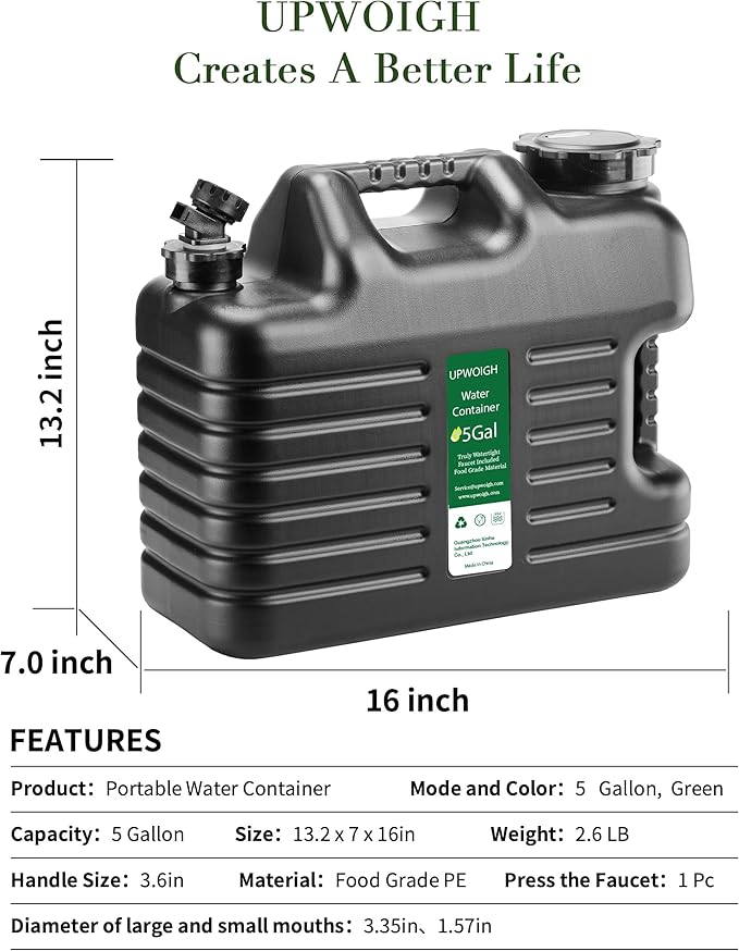 5 Gallon Water Jug, Thickened Water Storage Overlanding Gear Containers, Camping Essential Truly Leak-Proof Black Water Tank,BPA Free Portable Emergency Water Can for Outdoors and Hiking