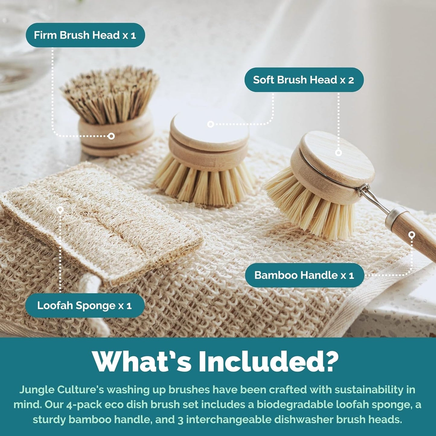 Jungle Culture 4 Piece Bamboo Dish Brush Set for Washing Up • Long Lasting Wooden Dish Brush with 3 Replacement Heads & Loofah Sponge Scourer • Eco Friendly Wooden Scrub Brush for Pots, Pans & Dishes