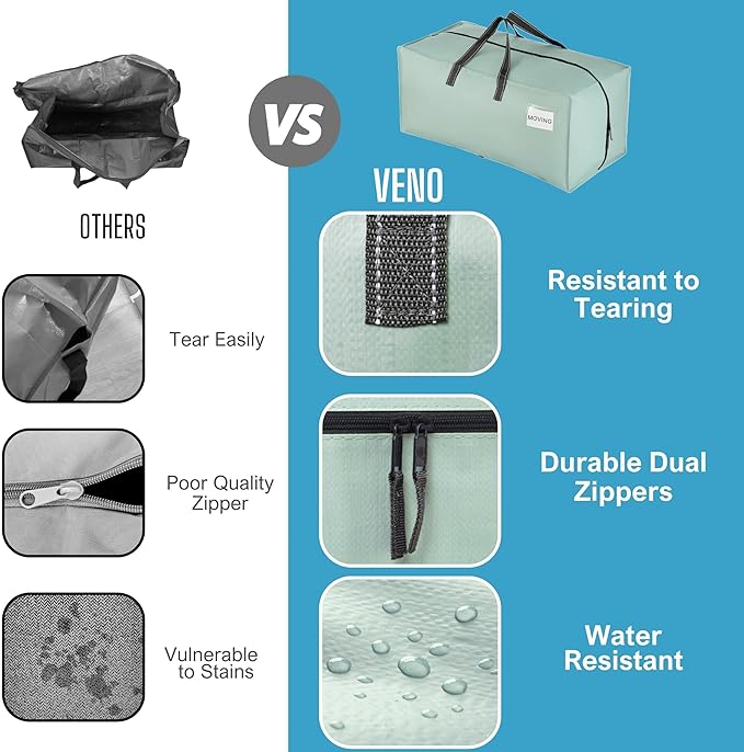 VENO 8 Pack Moving Bags w/Backpack Straps, Heavy Duty, Moving Boxes Alternative, Packing Supplies, Large Storage Totes for Dorm Room Essentials with Zipper for Clothes (Light Green Matte, 8 Pack)