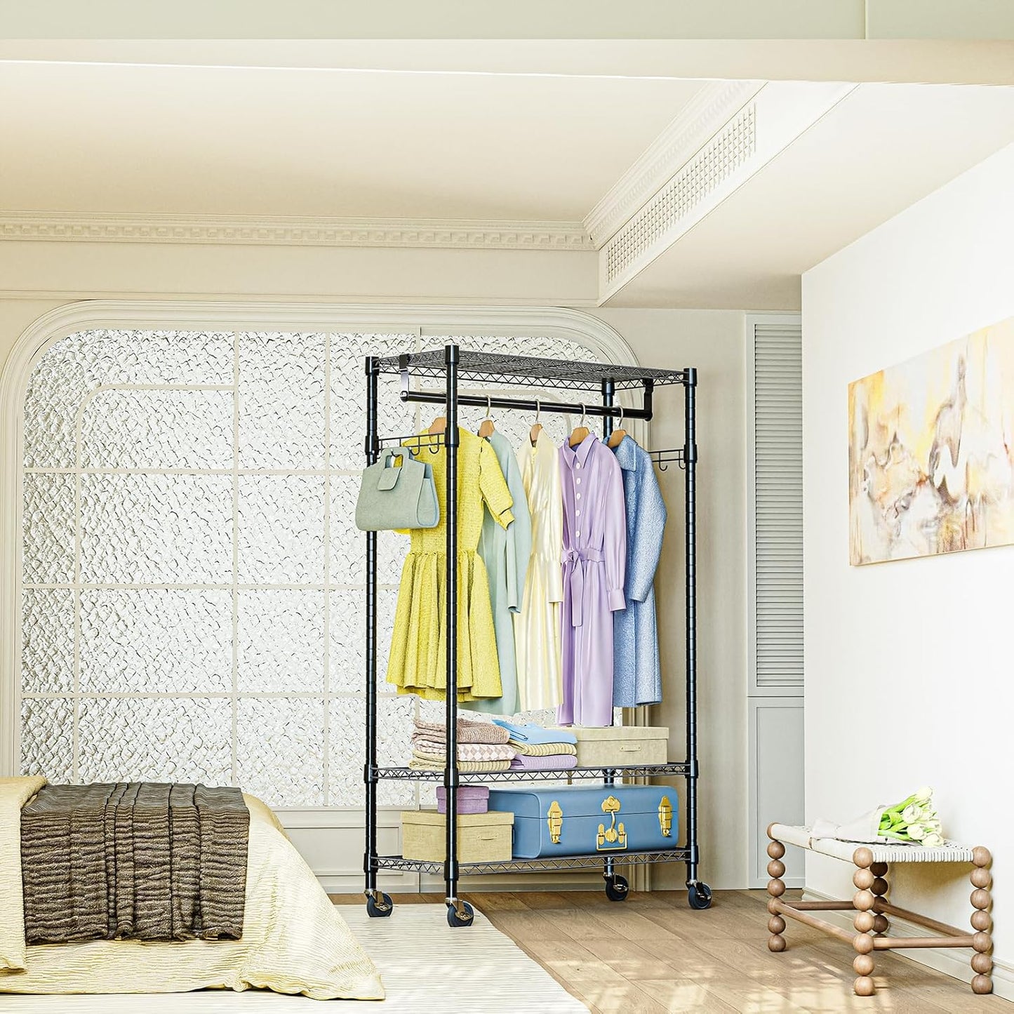 IZEUK Heavy Duty Rolling Garment Rack with 3 Adjustable Wire Shelves, Hanging Rod & Side Hooks - Mobile Clothes Rack with Wheels, 29.5" W x 15.7" D x 75" H, Black