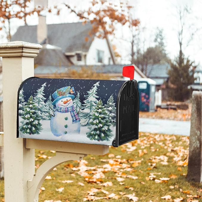 Winter Snowman Magnetic Mailbox Covers Large Size 25.5''x21'' Christma Snowy Pine Trees Forest Decorative Post Letter Box Cover Xmas Holiday Letterbox Wrap for Home Outdoor Garden