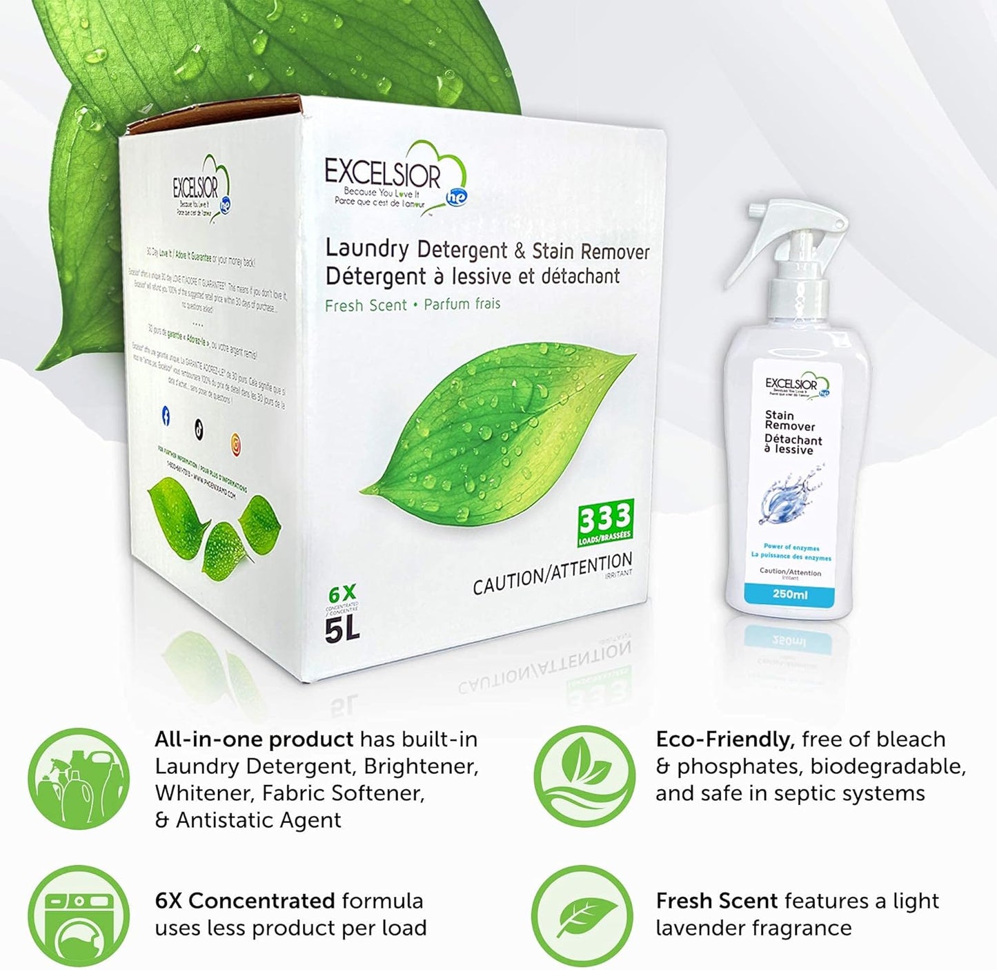 Excelsior HE Concentrated Liquid Laundry Detergent with Stain Remover, Removes 333 Loads for Cleaning Clothes, Phosphate-Free, Solvent-Free, Fresh Scent, 5L…