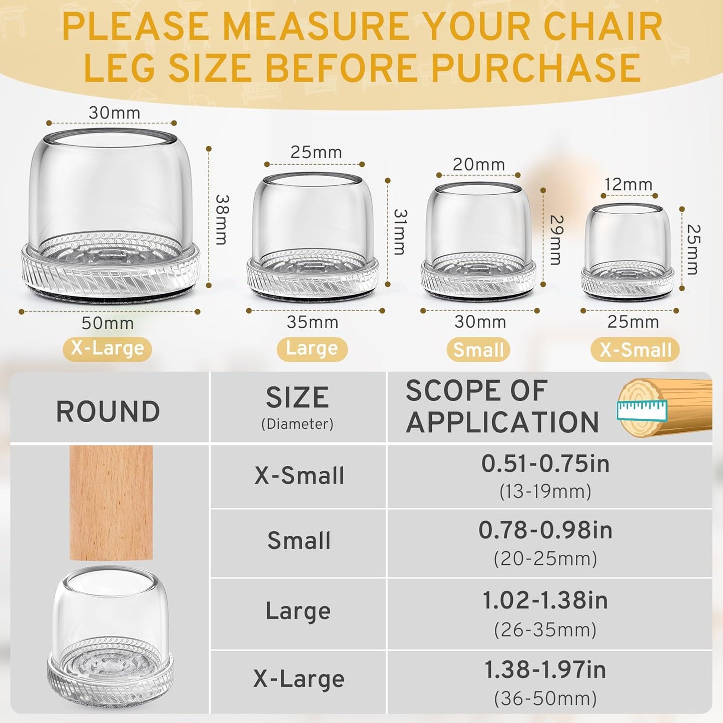 24PCS Round Chair Leg Floor Protectors, Furniture Sliders, Chair Leg Protectors for Hardwood Floors, Non-Slip Felt Furniture Pads, Silicone Cap Covers to Protect Floors, (Fit 1.1" - 1.5")